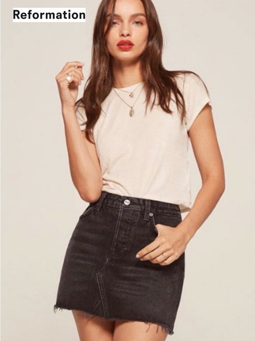 Reformation Denim Retooled Mini Skirt Pacific Washed Black 27 Raw Hem Distressed - Picture 2 of 16